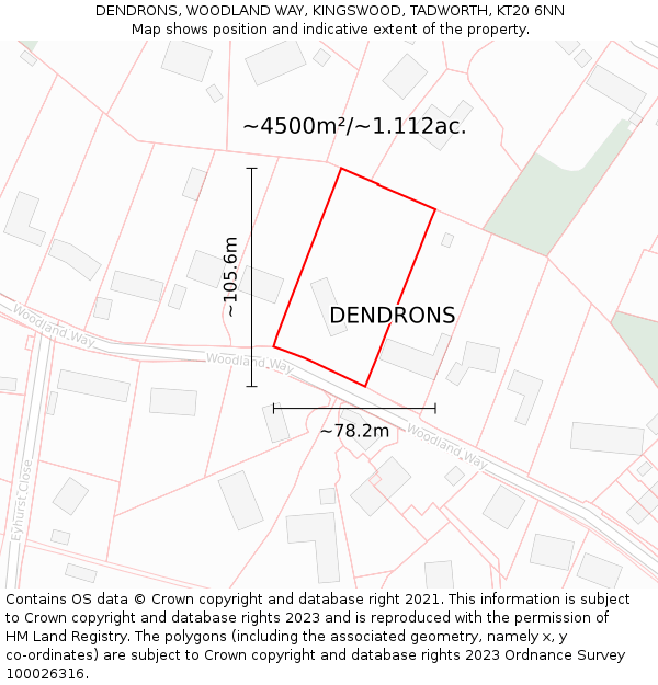 DENDRONS, WOODLAND WAY, KINGSWOOD, TADWORTH, KT20 6NN: Plot and title map