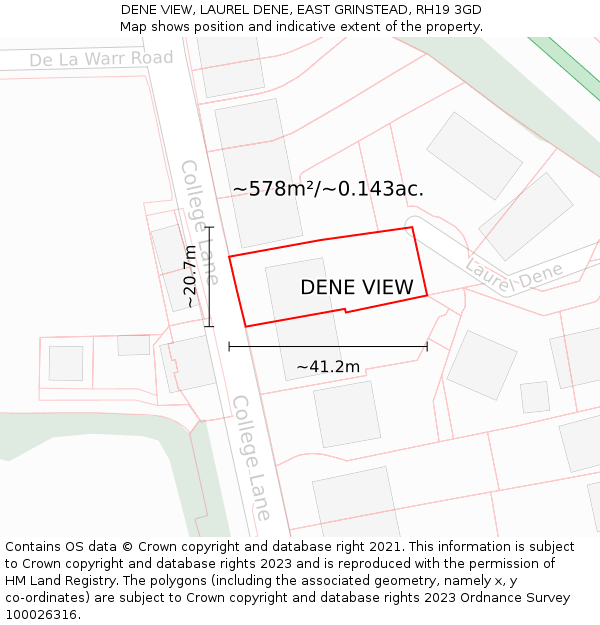 DENE VIEW, LAUREL DENE, EAST GRINSTEAD, RH19 3GD: Plot and title map