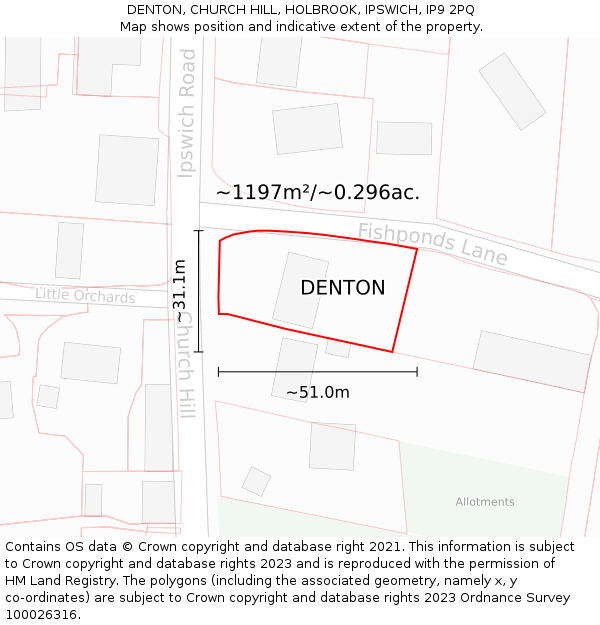 DENTON, CHURCH HILL, HOLBROOK, IPSWICH, IP9 2PQ: Plot and title map