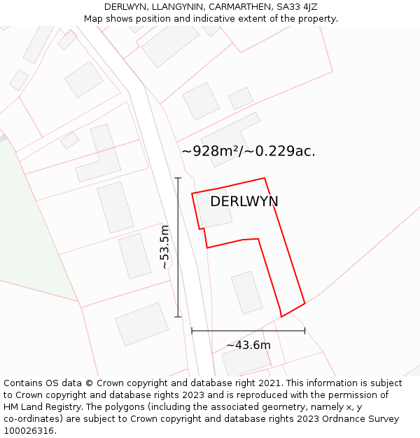 DERLWYN, LLANGYNIN, CARMARTHEN, SA33 4JZ: Plot and title map