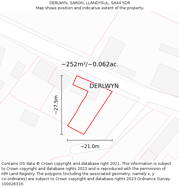 DERLWYN, SARON, LLANDYSUL, SA44 5DR: Plot and title map