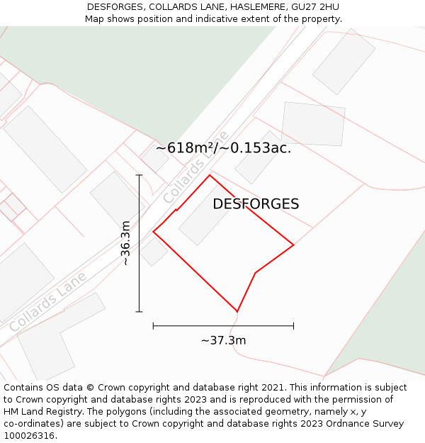 DESFORGES, COLLARDS LANE, HASLEMERE, GU27 2HU: Plot and title map