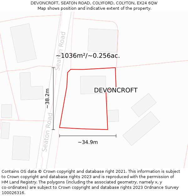 DEVONCROFT, SEATON ROAD, COLYFORD, COLYTON, EX24 6QW: Plot and title map