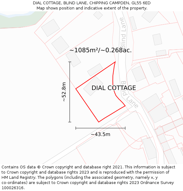 DIAL COTTAGE, BLIND LANE, CHIPPING CAMPDEN, GL55 6ED: Plot and title map