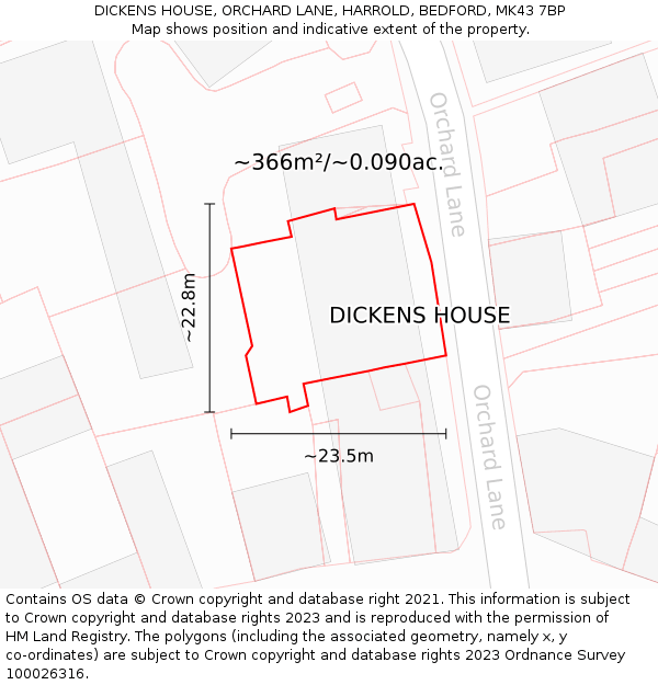 DICKENS HOUSE, ORCHARD LANE, HARROLD, BEDFORD, MK43 7BP: Plot and title map