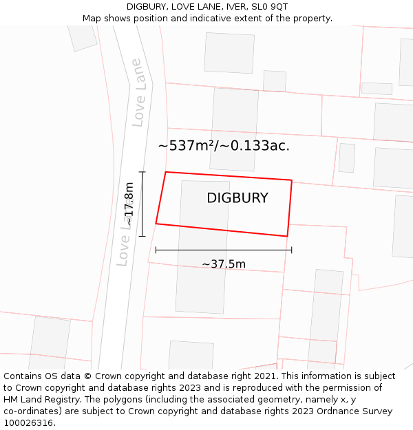 DIGBURY, LOVE LANE, IVER, SL0 9QT: Plot and title map