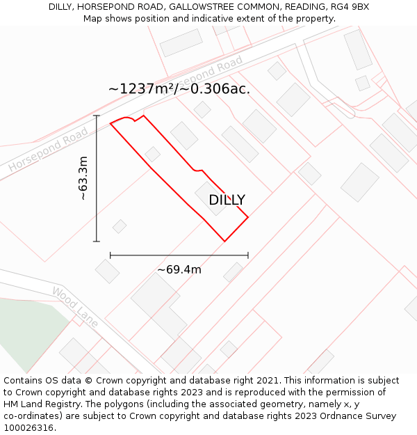 DILLY, HORSEPOND ROAD, GALLOWSTREE COMMON, READING, RG4 9BX: Plot and title map