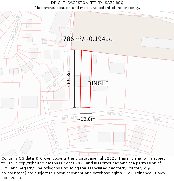 DINGLE, SAGESTON, TENBY, SA70 8SQ: Plot and title map