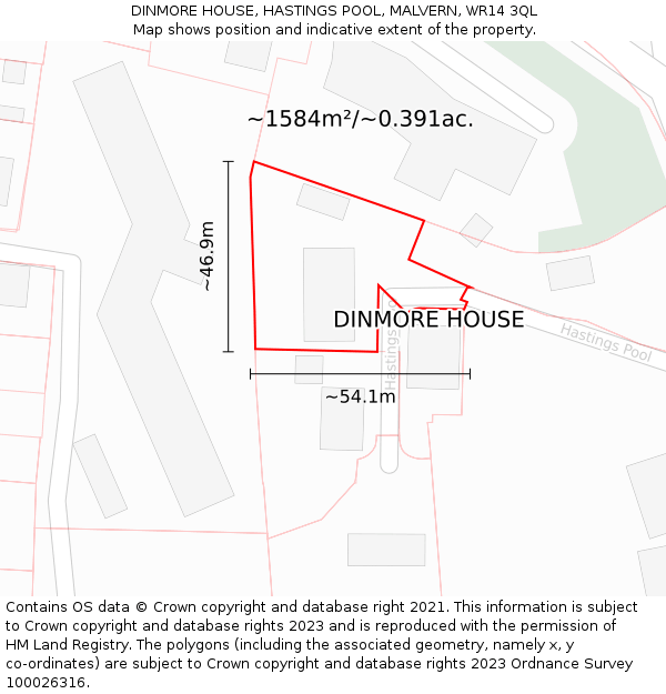 DINMORE HOUSE, HASTINGS POOL, MALVERN, WR14 3QL: Plot and title map