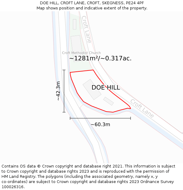 DOE HILL, CROFT LANE, CROFT, SKEGNESS, PE24 4PF: Plot and title map