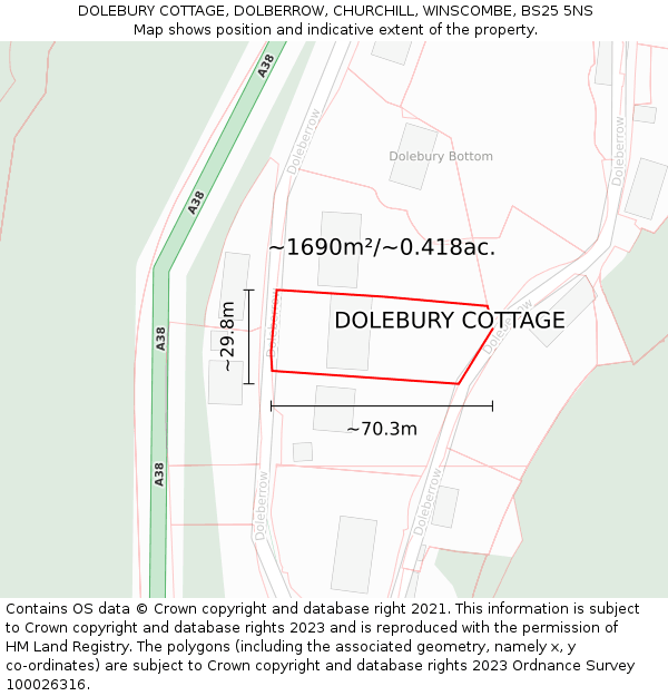 DOLEBURY COTTAGE, DOLBERROW, CHURCHILL, WINSCOMBE, BS25 5NS: Plot and title map