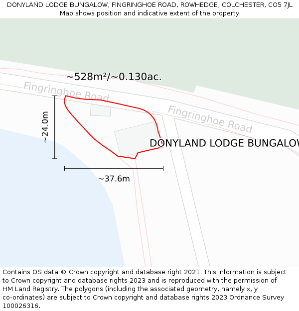 DONYLAND LODGE BUNGALOW, FINGRINGHOE ROAD, ROWHEDGE, COLCHESTER, CO5 7JL: Plot and title map