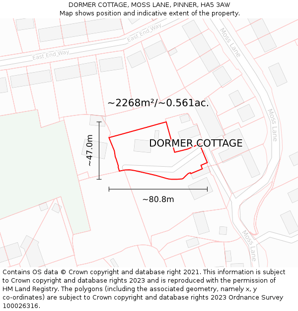 DORMER COTTAGE, MOSS LANE, PINNER, HA5 3AW: Plot and title map