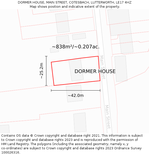 DORMER HOUSE, MAIN STREET, COTESBACH, LUTTERWORTH, LE17 4HZ: Plot and title map