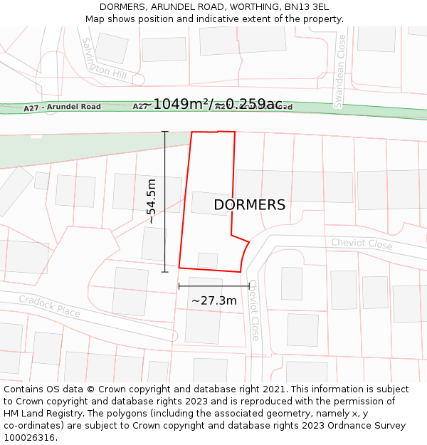 DORMERS, ARUNDEL ROAD, WORTHING, BN13 3EL: Plot and title map