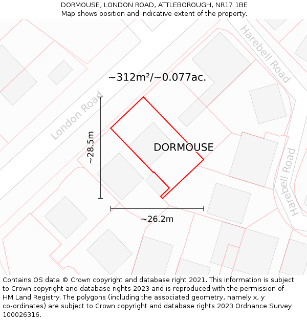DORMOUSE, LONDON ROAD, ATTLEBOROUGH, NR17 1BE: Plot and title map