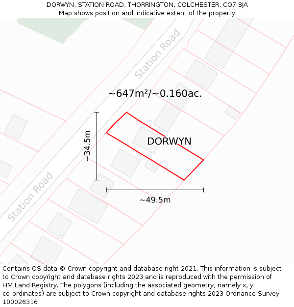 DORWYN, STATION ROAD, THORRINGTON, COLCHESTER, CO7 8JA: Plot and title map