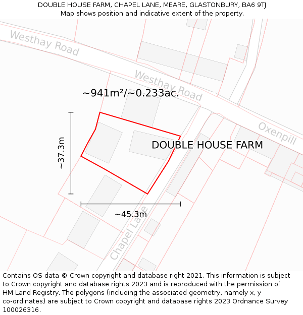 DOUBLE HOUSE FARM, CHAPEL LANE, MEARE, GLASTONBURY, BA6 9TJ: Plot and title map