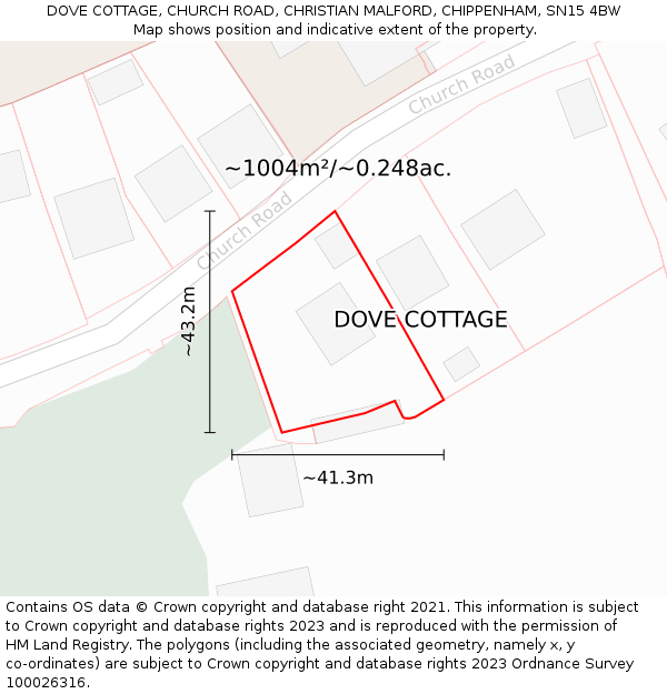 DOVE COTTAGE, CHURCH ROAD, CHRISTIAN MALFORD, CHIPPENHAM, SN15 4BW: Plot and title map