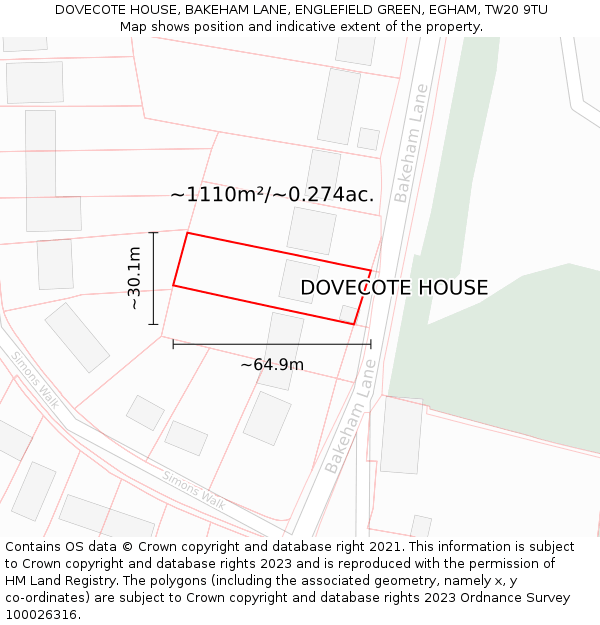 DOVECOTE HOUSE, BAKEHAM LANE, ENGLEFIELD GREEN, EGHAM, TW20 9TU: Plot and title map