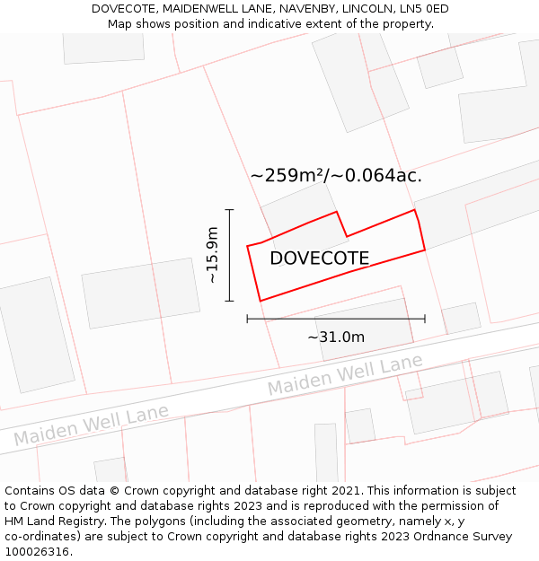 DOVECOTE, MAIDENWELL LANE, NAVENBY, LINCOLN, LN5 0ED: Plot and title map