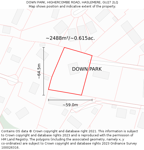DOWN PARK, HIGHERCOMBE ROAD, HASLEMERE, GU27 2LQ: Plot and title map