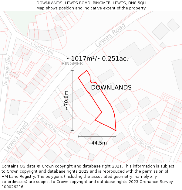 DOWNLANDS, LEWES ROAD, RINGMER, LEWES, BN8 5QH: Plot and title map