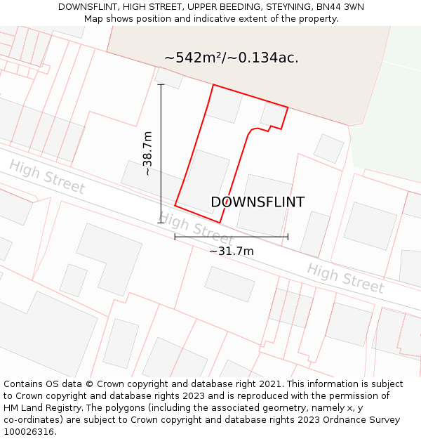 DOWNSFLINT, HIGH STREET, UPPER BEEDING, STEYNING, BN44 3WN: Plot and title map