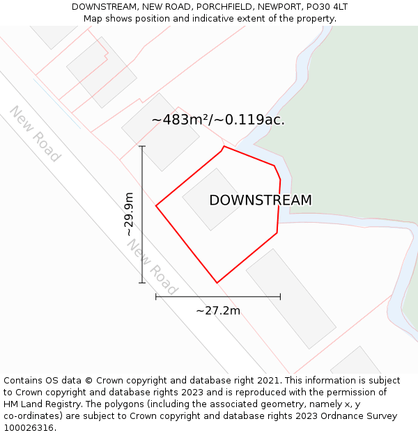 DOWNSTREAM, NEW ROAD, PORCHFIELD, NEWPORT, PO30 4LT: Plot and title map