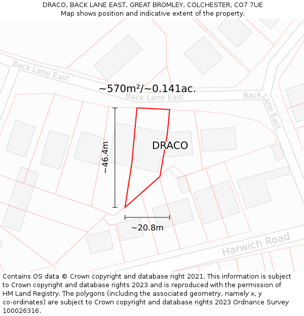 DRACO, BACK LANE EAST, GREAT BROMLEY, COLCHESTER, CO7 7UE: Plot and title map