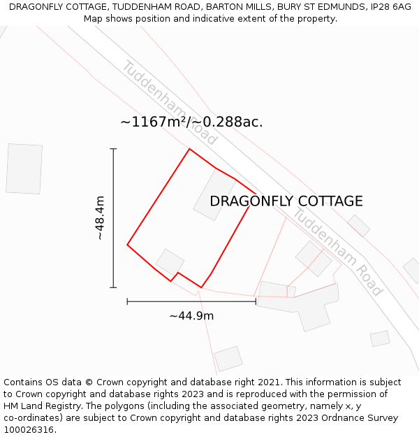 DRAGONFLY COTTAGE, TUDDENHAM ROAD, BARTON MILLS, BURY ST EDMUNDS, IP28 6AG: Plot and title map