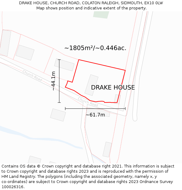 DRAKE HOUSE, CHURCH ROAD, COLATON RALEIGH, SIDMOUTH, EX10 0LW: Plot and title map