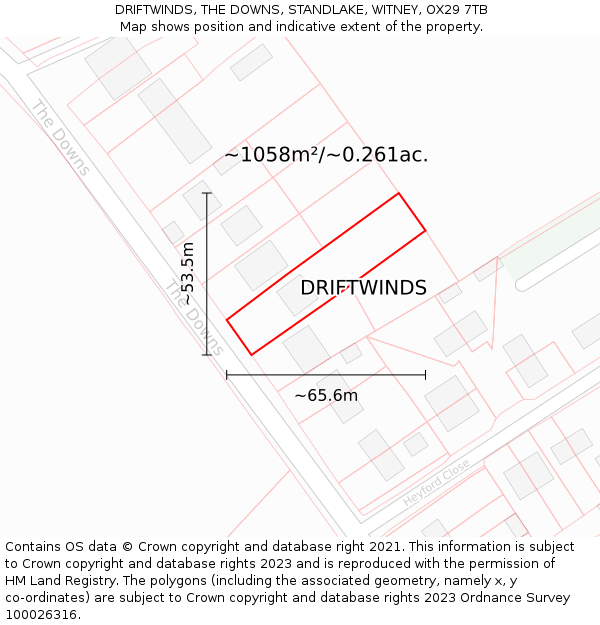 DRIFTWINDS, THE DOWNS, STANDLAKE, WITNEY, OX29 7TB: Plot and title map