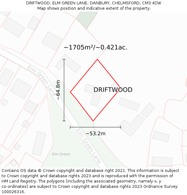 DRIFTWOOD, ELM GREEN LANE, DANBURY, CHELMSFORD, CM3 4DW: Plot and title map