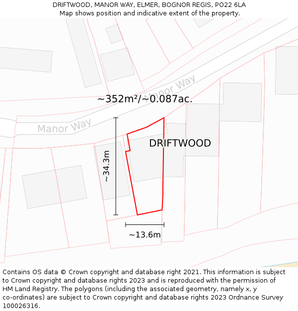 DRIFTWOOD, MANOR WAY, ELMER, BOGNOR REGIS, PO22 6LA: Plot and title map