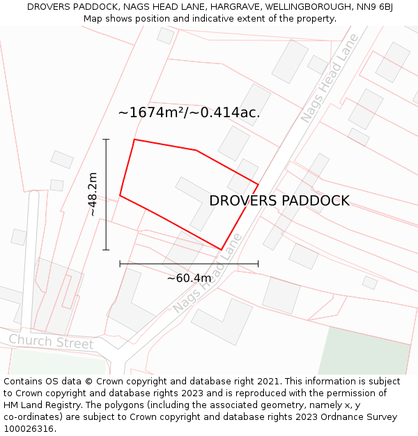 DROVERS PADDOCK, NAGS HEAD LANE, HARGRAVE, WELLINGBOROUGH, NN9 6BJ: Plot and title map