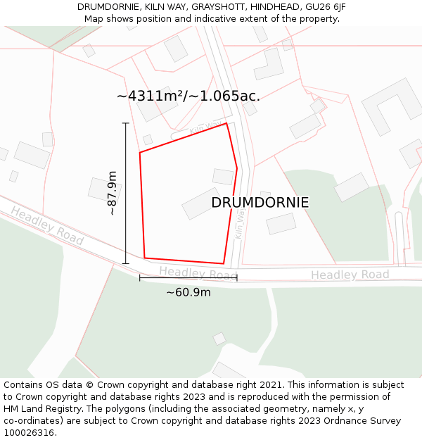 DRUMDORNIE, KILN WAY, GRAYSHOTT, HINDHEAD, GU26 6JF: Plot and title map