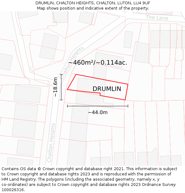 DRUMLIN, CHALTON HEIGHTS, CHALTON, LUTON, LU4 9UF: Plot and title map