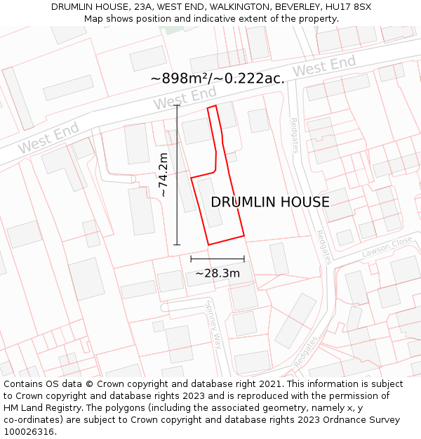 DRUMLIN HOUSE, 23A, WEST END, WALKINGTON, BEVERLEY, HU17 8SX: Plot and title map