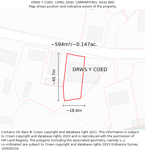 DRWS Y COED, CAPEL DEWI, CARMARTHEN, SA32 8AD: Plot and title map