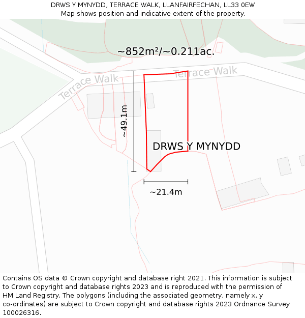 DRWS Y MYNYDD, TERRACE WALK, LLANFAIRFECHAN, LL33 0EW: Plot and title map