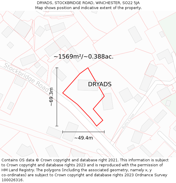 DRYADS, STOCKBRIDGE ROAD, WINCHESTER, SO22 5JA: Plot and title map