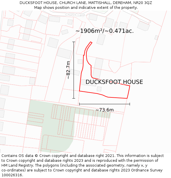 DUCKSFOOT HOUSE, CHURCH LANE, MATTISHALL, DEREHAM, NR20 3QZ: Plot and title map