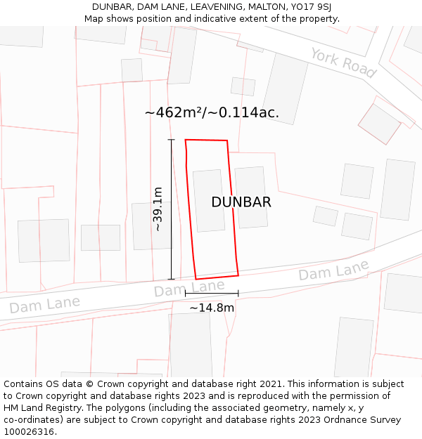 DUNBAR, DAM LANE, LEAVENING, MALTON, YO17 9SJ: Plot and title map