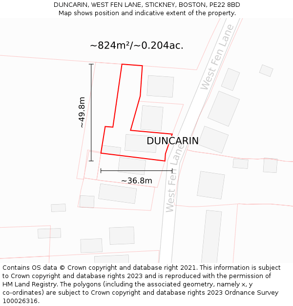 DUNCARIN, WEST FEN LANE, STICKNEY, BOSTON, PE22 8BD: Plot and title map