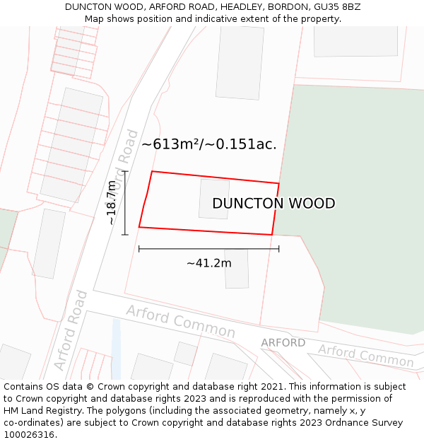 DUNCTON WOOD, ARFORD ROAD, HEADLEY, BORDON, GU35 8BZ: Plot and title map