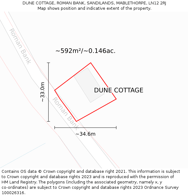 DUNE COTTAGE, ROMAN BANK, SANDILANDS, MABLETHORPE, LN12 2RJ: Plot and title map