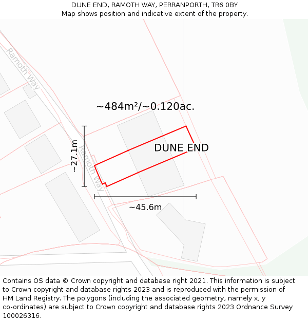 DUNE END, RAMOTH WAY, PERRANPORTH, TR6 0BY: Plot and title map