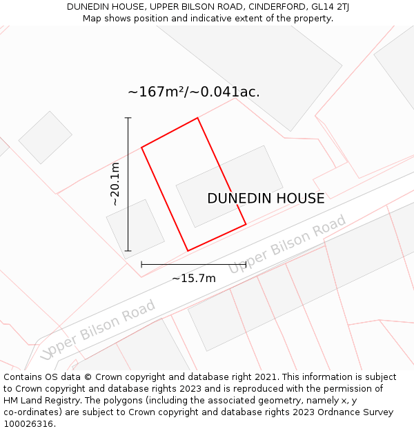 DUNEDIN HOUSE, UPPER BILSON ROAD, CINDERFORD, GL14 2TJ: Plot and title map