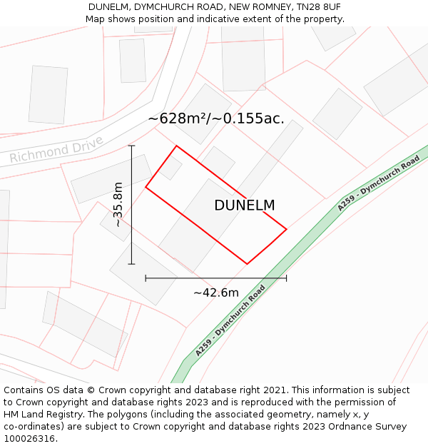 DUNELM, DYMCHURCH ROAD, NEW ROMNEY, TN28 8UF: Plot and title map